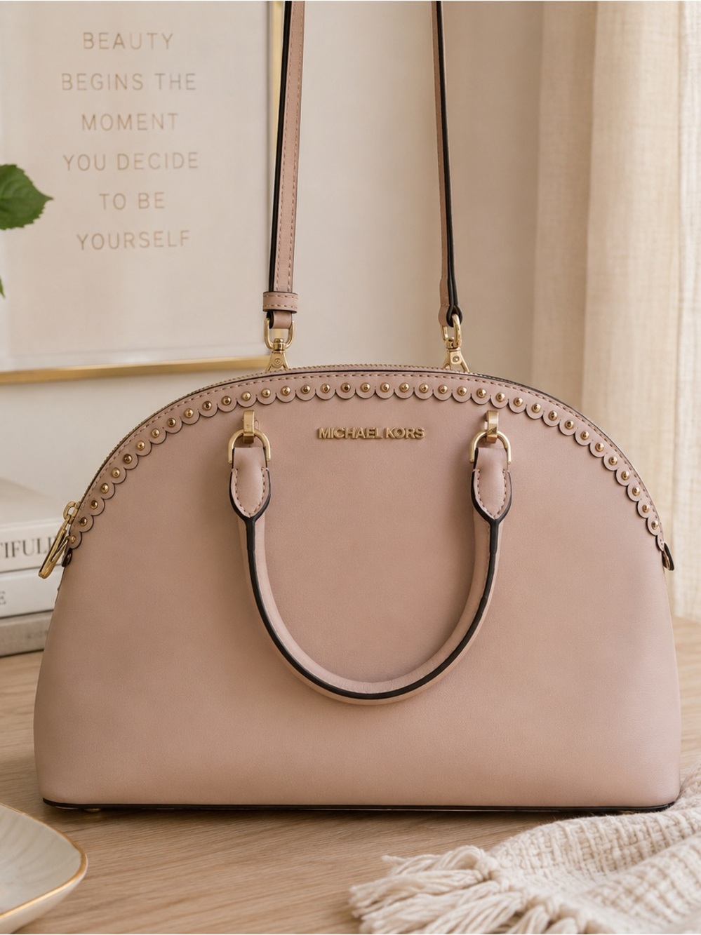 Michael Kors Blush Leather Satchel Crossbody Bag Studded Trim EUC
